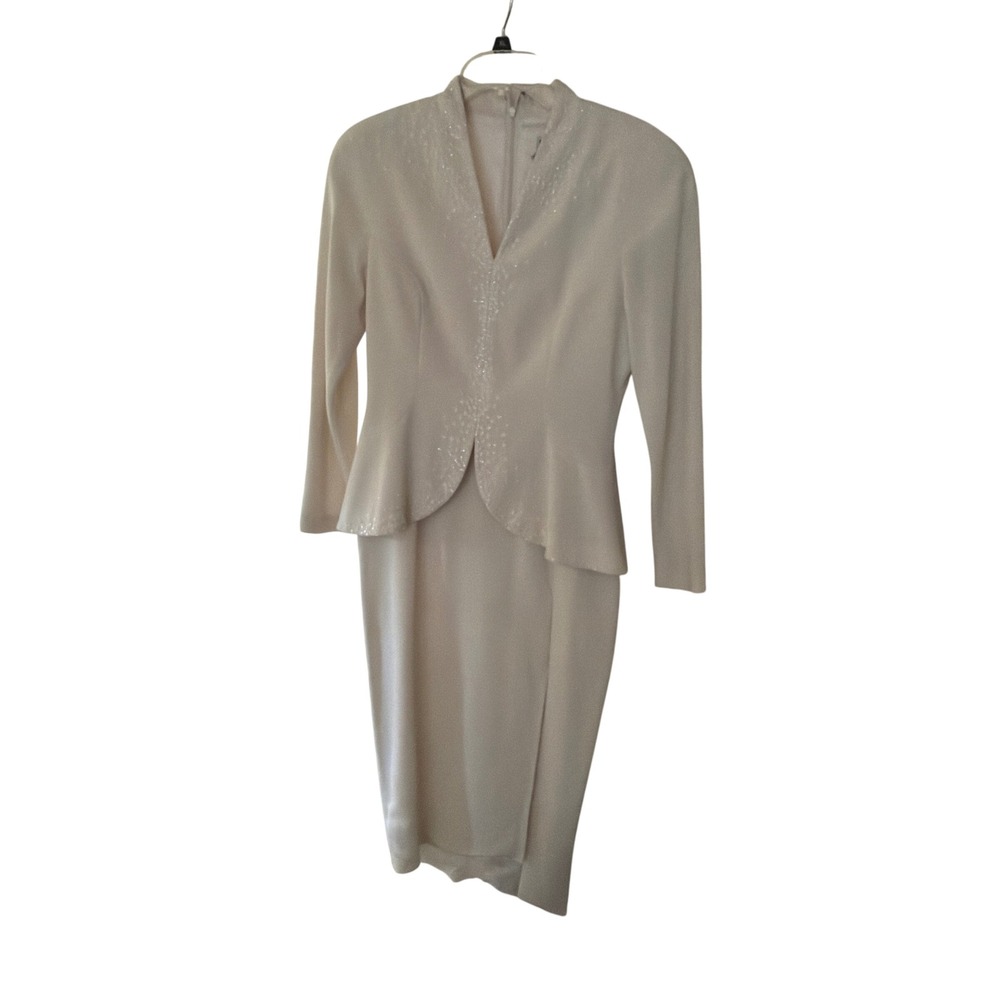 Daymor Couture Dress Cream Beaded V-Neck Peplum Long Sleeve Formal Midi 8